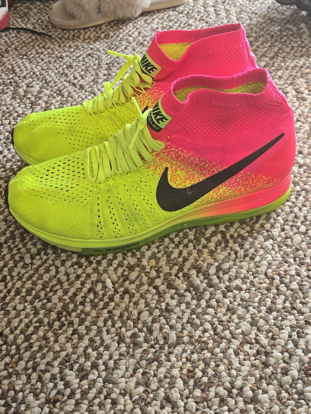 Nike Flyknit High-Top Sneakers - Neon Yellow & Hot Pink
